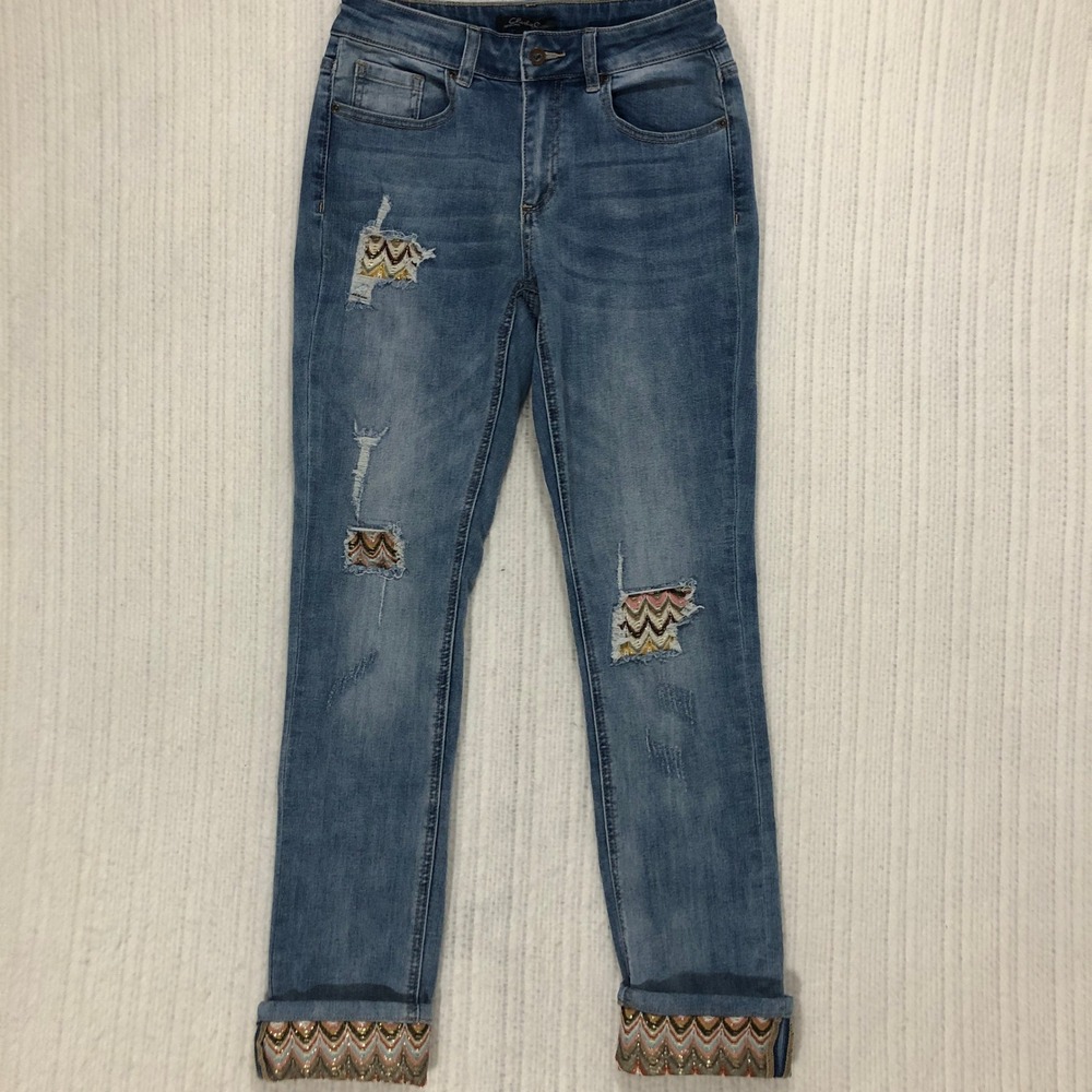 Charlie B Distressed Embroidered Chevron Cuff Slim Jeans Blue Size 4